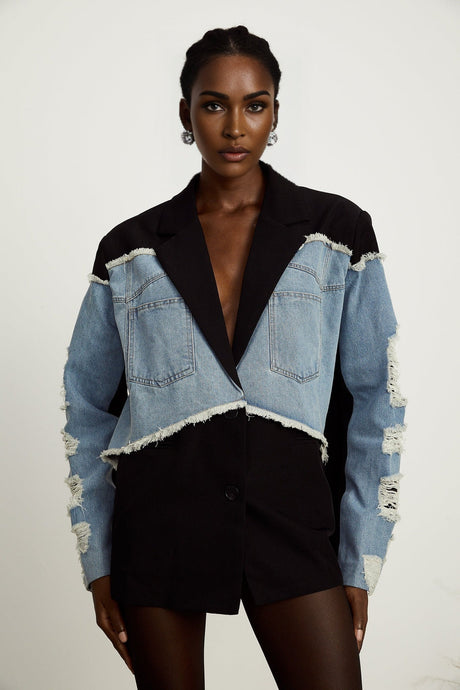 Delizia Denim Blazer - Peak Lapels - Ripped Detailing - Fringed Design - Buttoned Cuffs