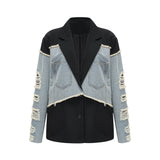 Delizia Denim Blazer - Peak Lapels - Ripped Detailing - Fringed Design - Buttoned Cuffs