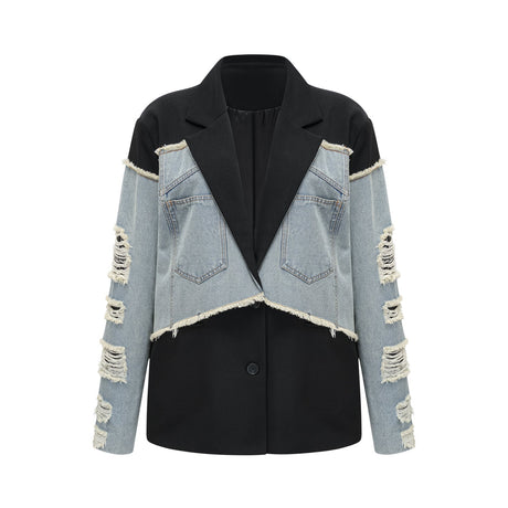 Delizia Denim Blazer - Peak Lapels - Ripped Detailing - Fringed Design - Buttoned Cuffs