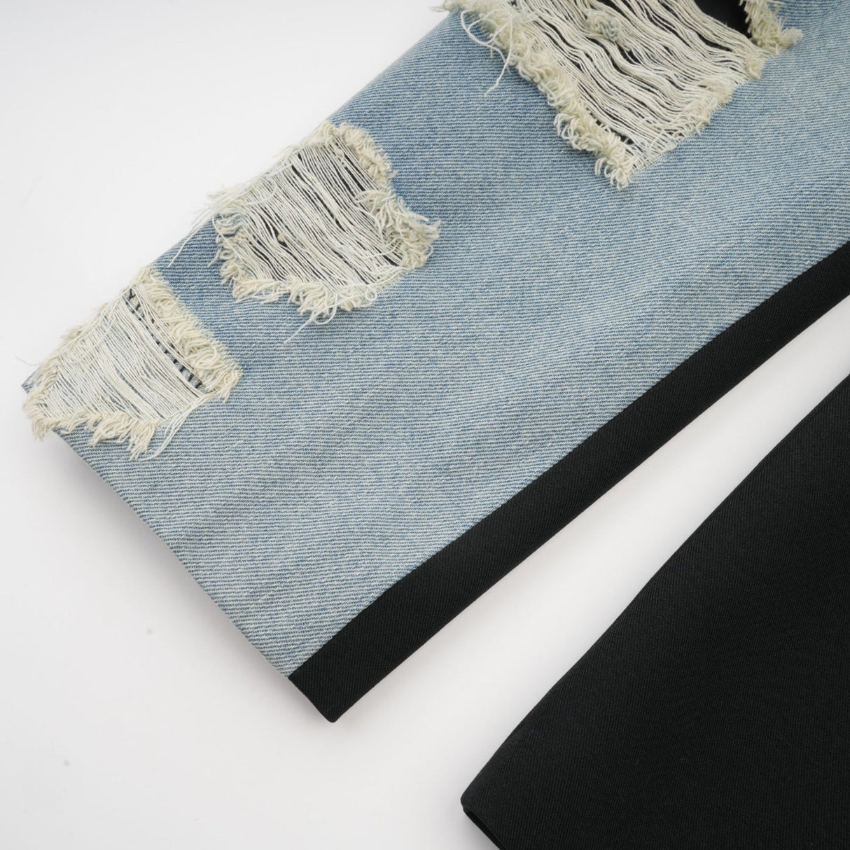 Delizia Denim Blazer - Peak Lapels - Ripped Detailing - Fringed Design - Buttoned Cuffs