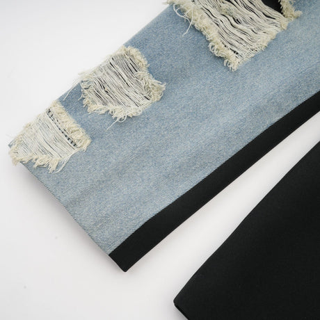 Delizia Denim Blazer - Peak Lapels - Ripped Detailing - Fringed Design - Buttoned Cuffs