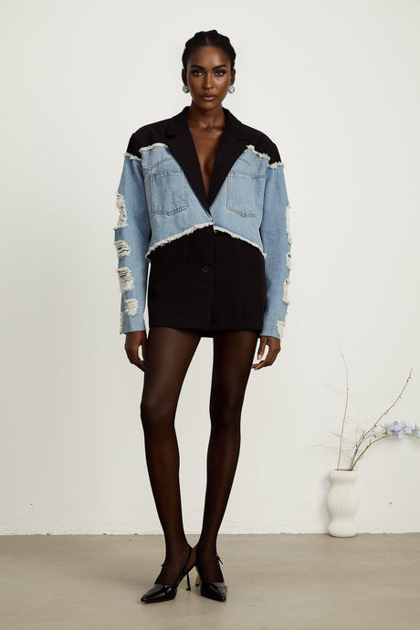 Delizia Denim Blazer - Peak Lapels - Ripped Detailing - Fringed Design - Buttoned Cuffs
