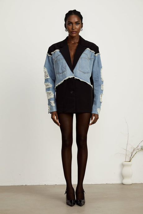 Delizia Denim Blazer - Peak Lapels - Ripped Detailing - Fringed Design - Buttoned Cuffs