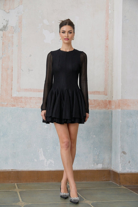 Delizia Mini Dress - Crochet Knit - Puff Skirt - Tiered Design - Long Sleeves - Rear Zip Fastening