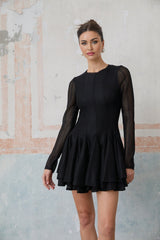 Delizia Mini Dress - Crochet Knit - Puff Skirt - Tiered Design - Long Sleeves - Rear Zip Fastening