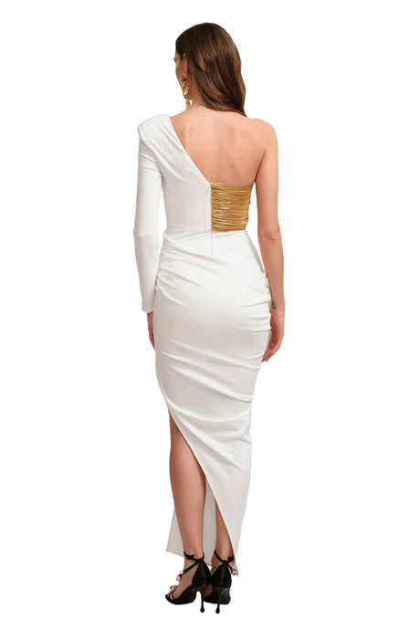 Delizia White Floral Detail Asymmetrical Dress Front Slit Gala Evening Event Chic Modern Appeal
