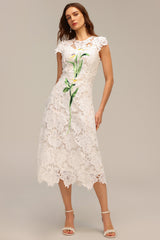 Delizia White Lace Hollow Out Embroidered Midi Dress with Short Sleeves