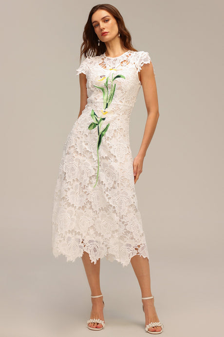 Delizia White Lace Hollow Out Embroidered Midi Dress with Short Sleeves