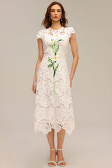 Delizia White Lace Hollow Out Embroidered Midi Dress