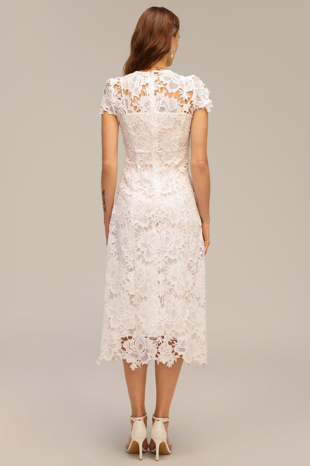 Delizia White Lace Hollow Out Embroidery Midi Dress