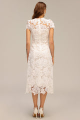 Delizia White Lace Hollow Out Embroidery Midi Dress
