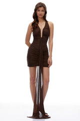 Delphine Brown Plunge Neck Halterneck Mini Dress