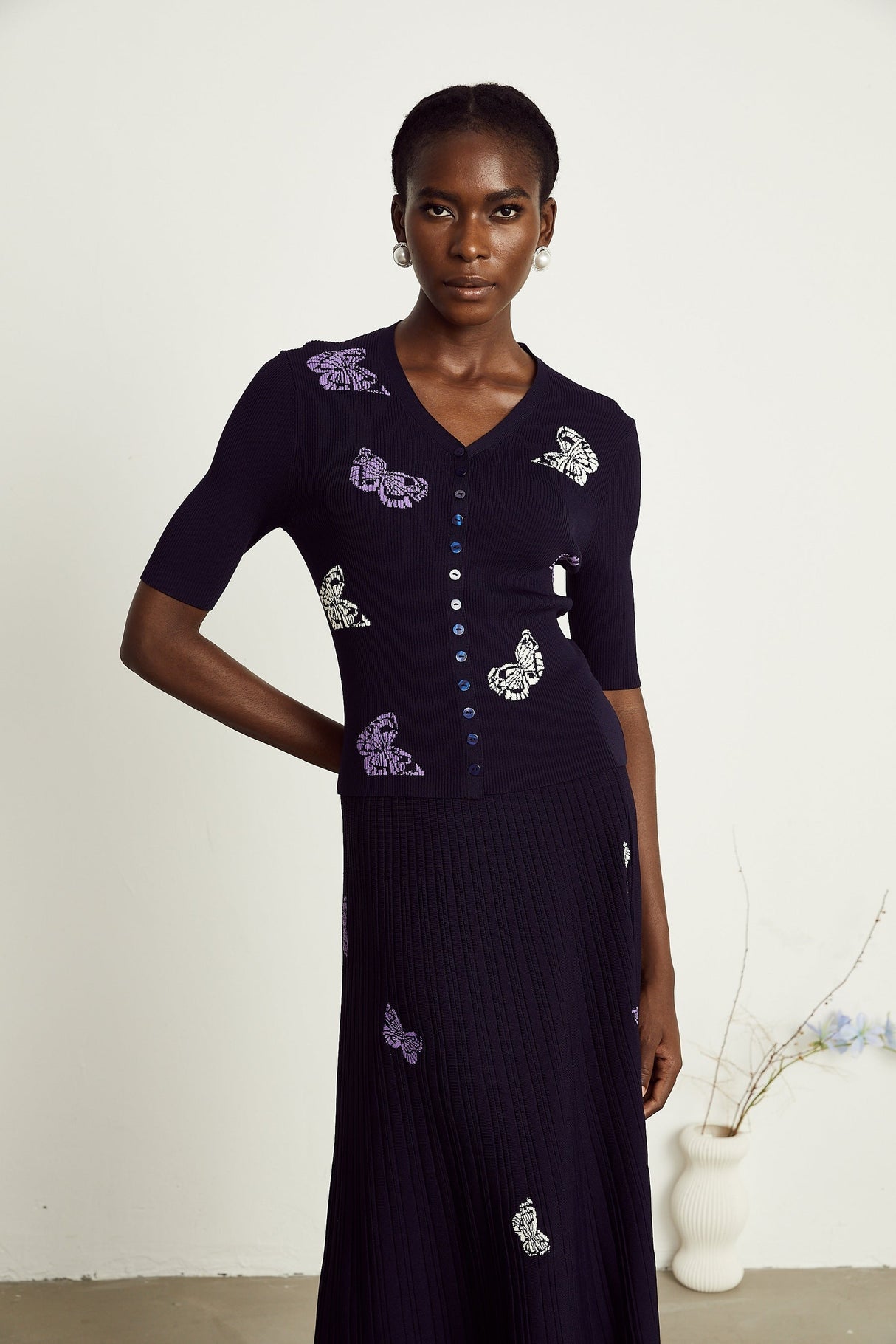 Delphine butterfly ribbedknit top  skirt matching set