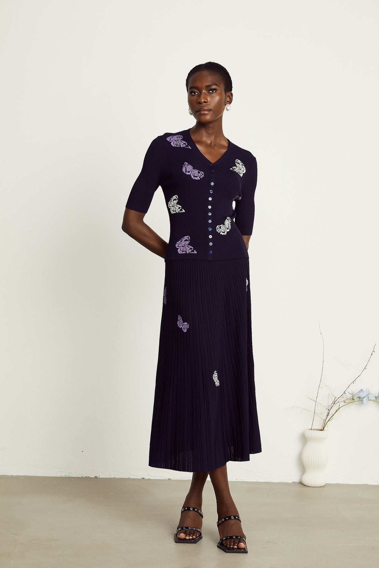 Delphine butterfly ribbedknit top  skirt matching set