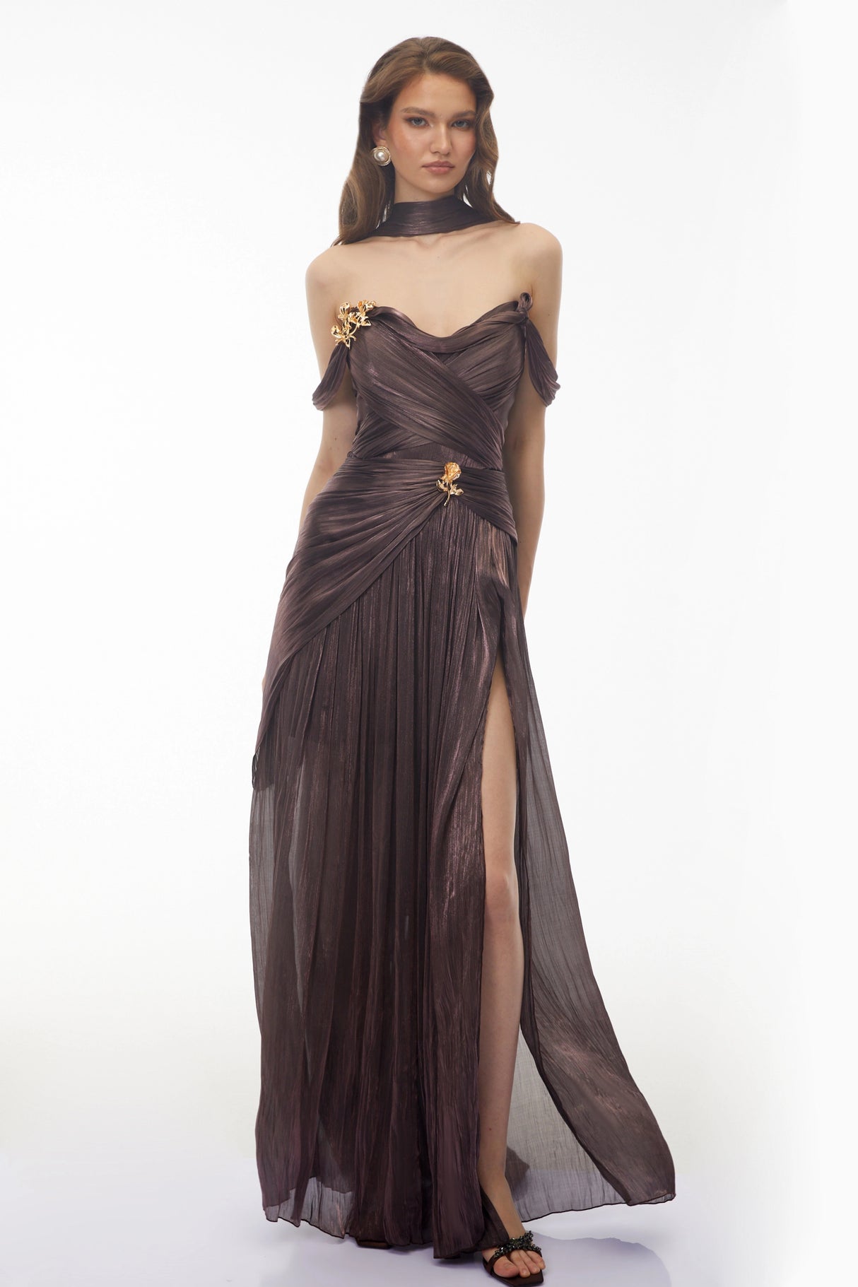 Delphine Chocolate Brown Off Shoulder Ruched Maxi Dress