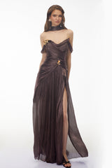 Delphine Chocolate Brown Off Shoulder Ruched Maxi Dress