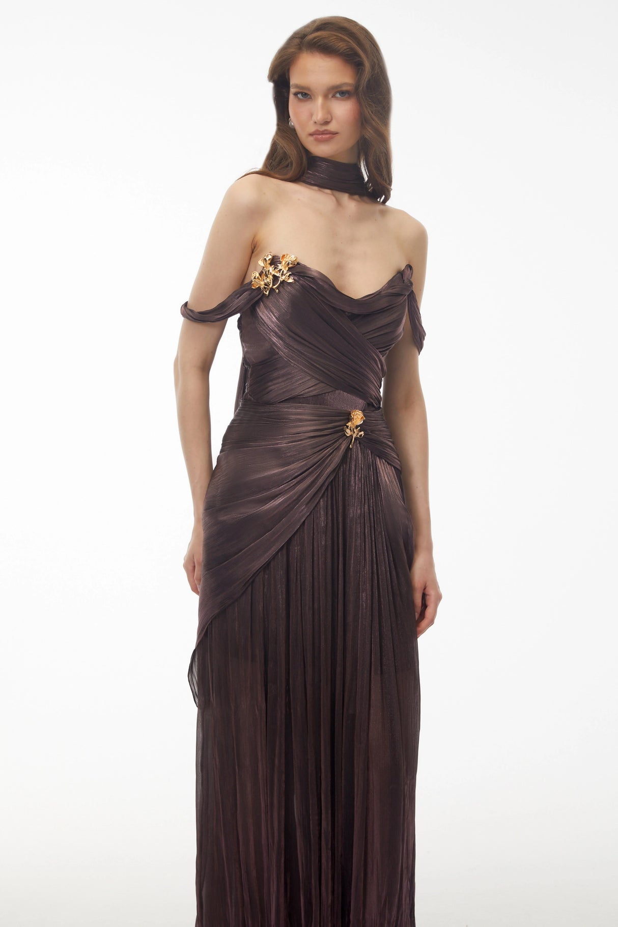 Delphine Chocolate Brown Off Shoulder Ruched Maxi Dress