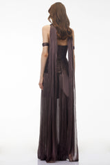 Delphine Chocolate Brown Off Shoulder Ruched Maxi Dress