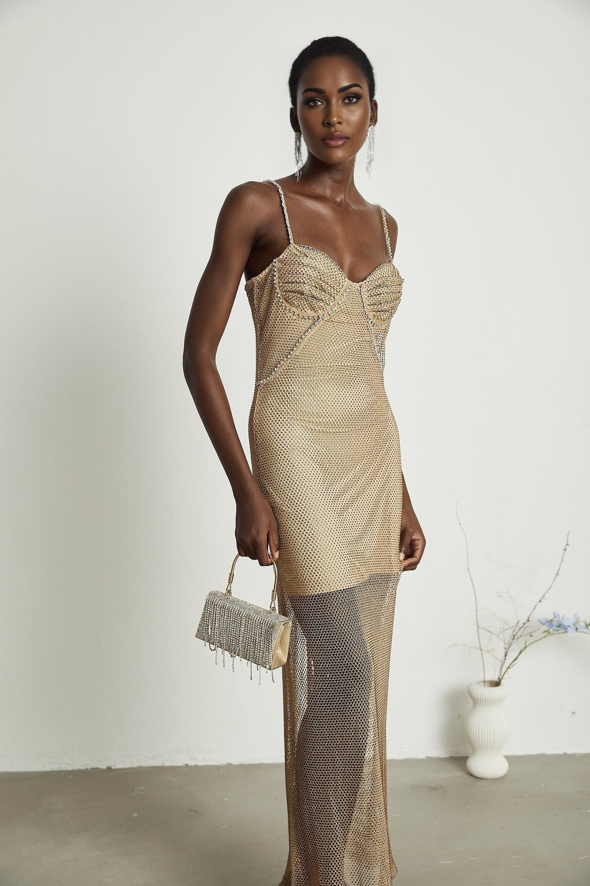 Delphine crystalembellished gold midi dress