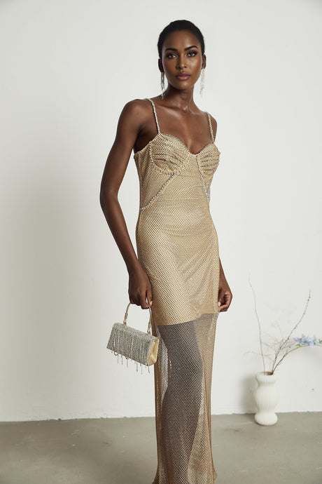 Delphine crystalembellished gold midi dress