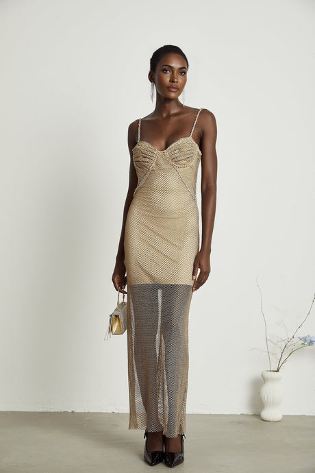 Delphine crystalembellished gold midi dress
