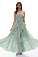 Delphine Green Ruched Maxi Dress with 3D Florals