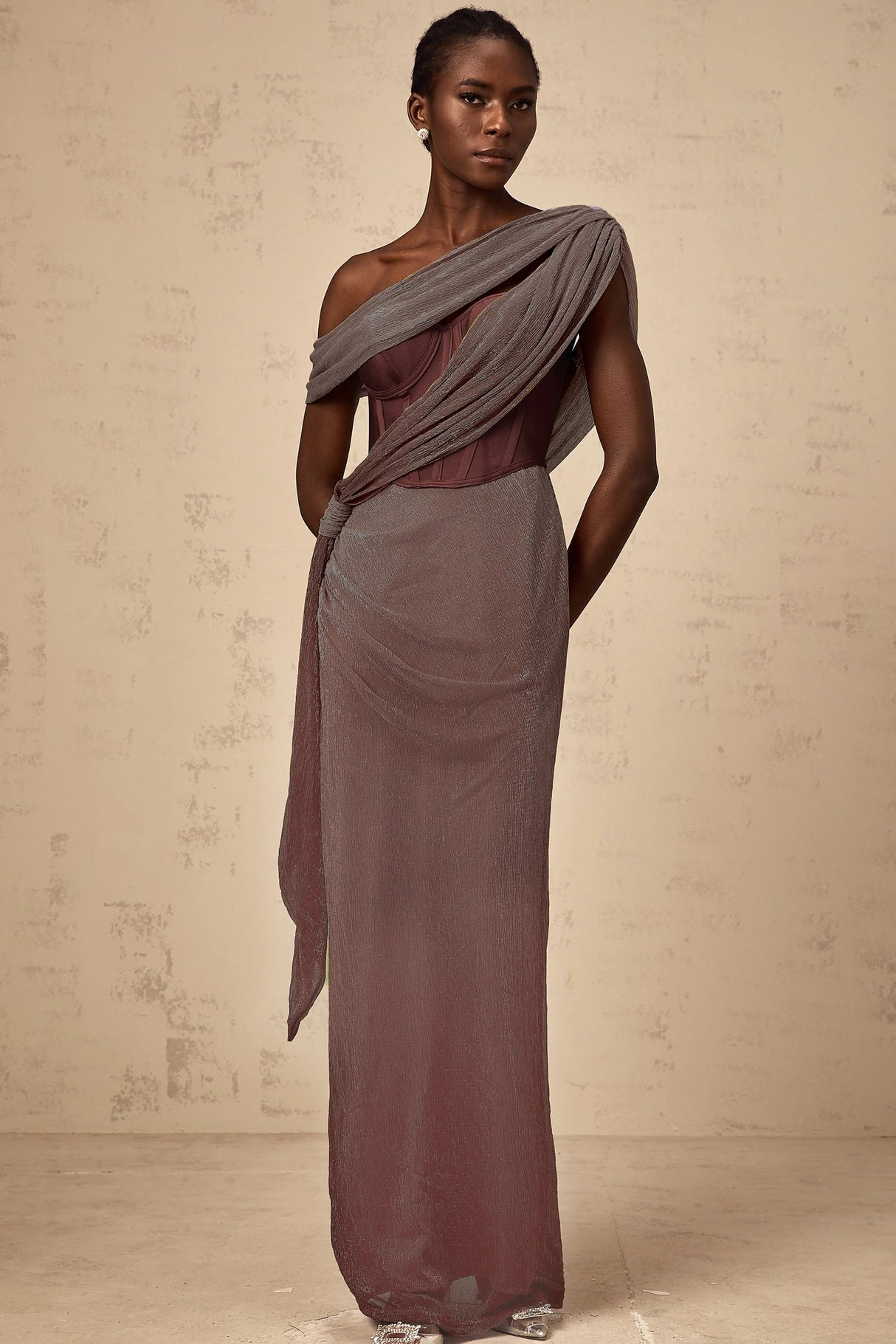 Delphine ribbondesign corset maxi dress in Brown