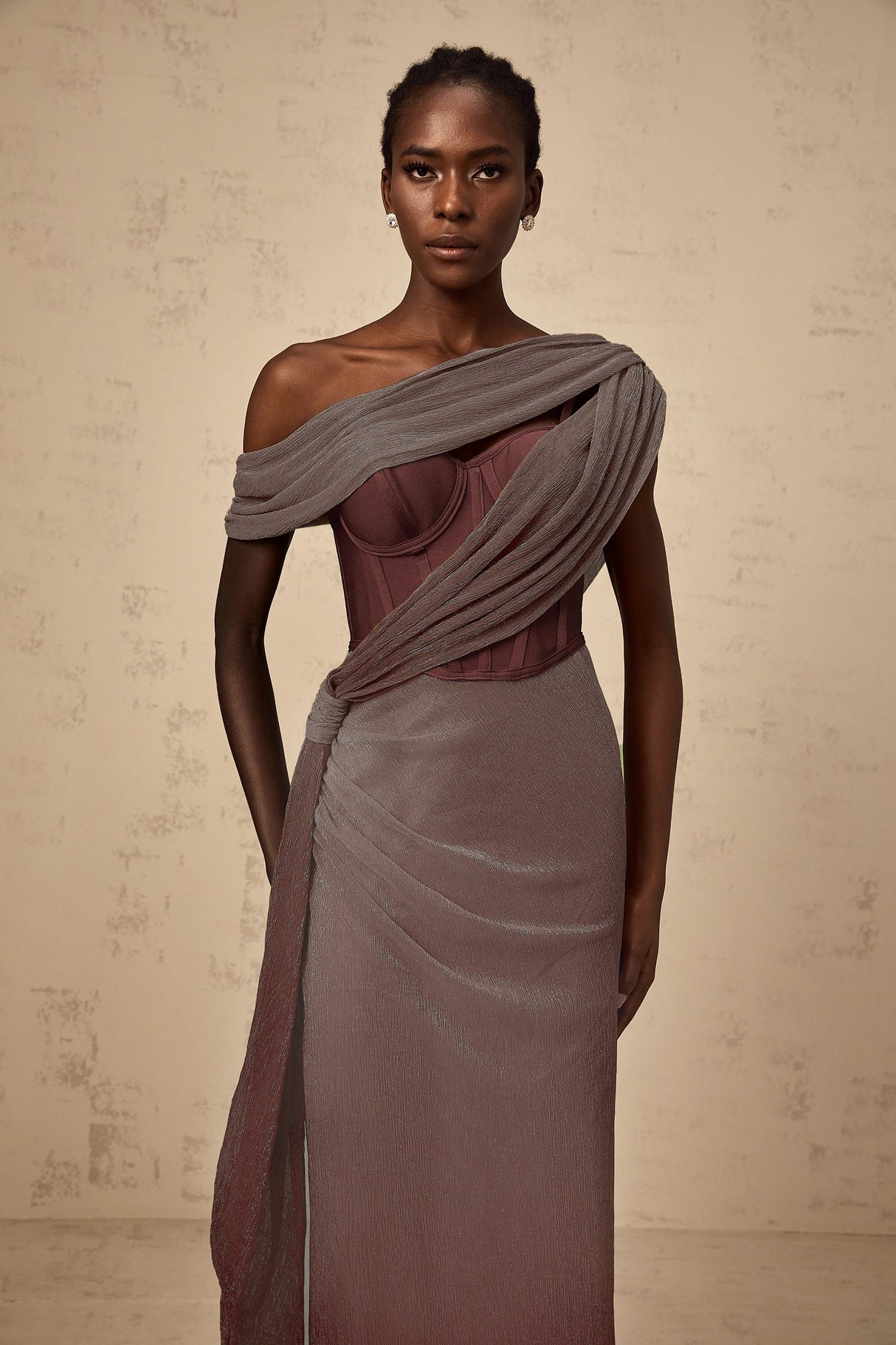 Delphine ribbondesign corset maxi dress in Brown