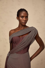 Delphine ribbondesign corset maxi dress in Brown