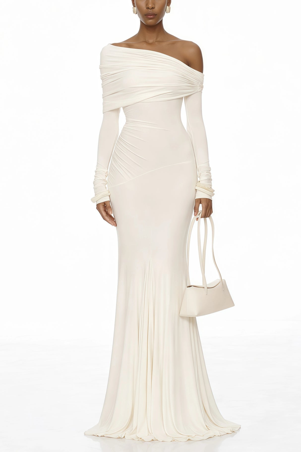 Delphine White OffShoulder Ruched Maxi Dress
