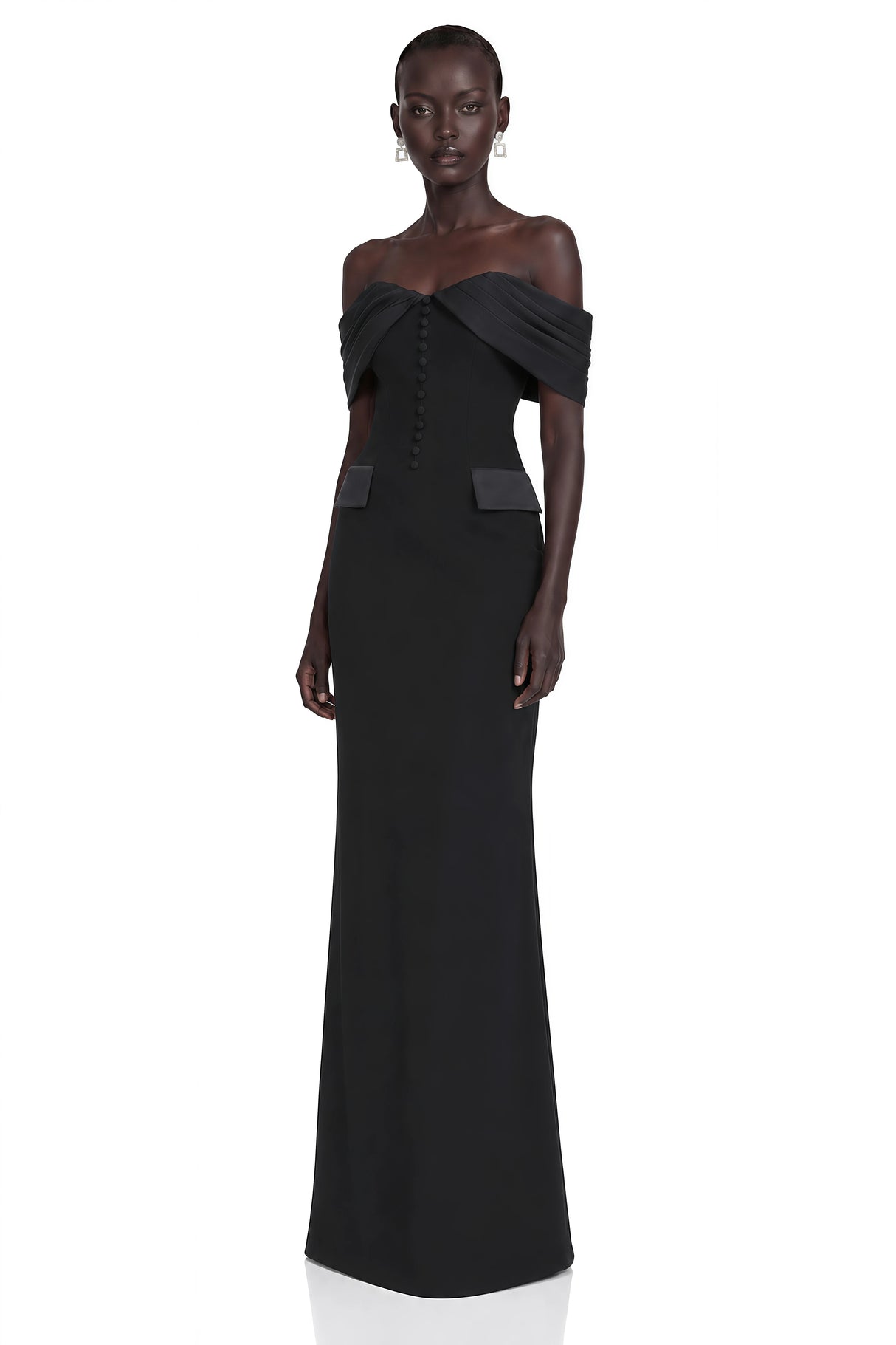 Demetria Black Off Shoulder Maxi Dress with Button Detail