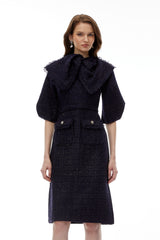 Demetria Blue Tweed Midi Dress with Bow