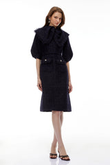 Demetria Blue Tweed Midi Dress with Bow