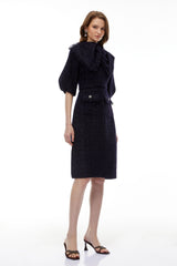 Demetria Blue Tweed Midi Dress with Bow