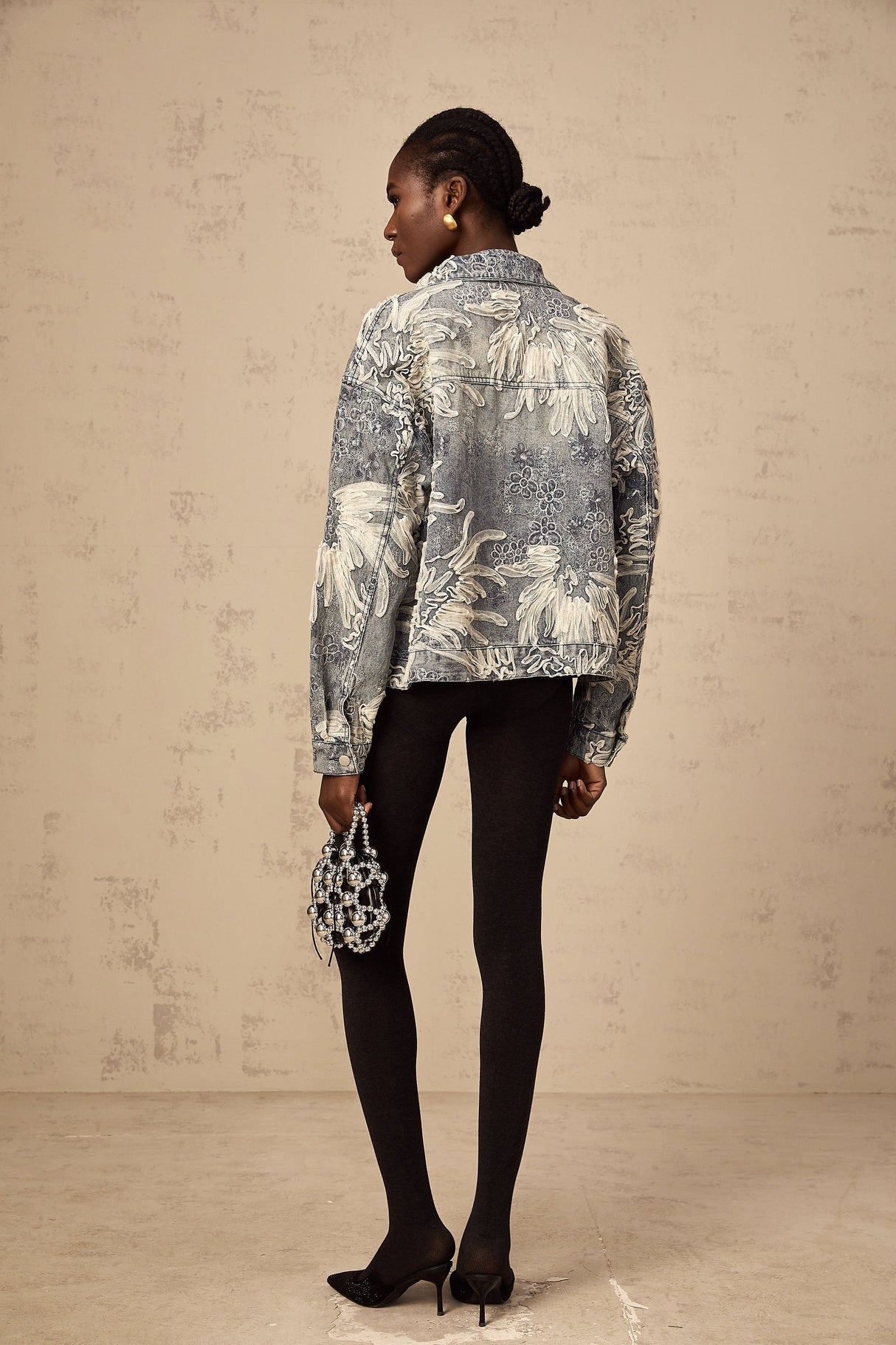 Denim jacket with blue sequins and embroidered flowers Mailys design