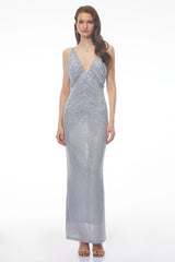 Denise Blue VNeck Embellished Ruched Maxi Dress