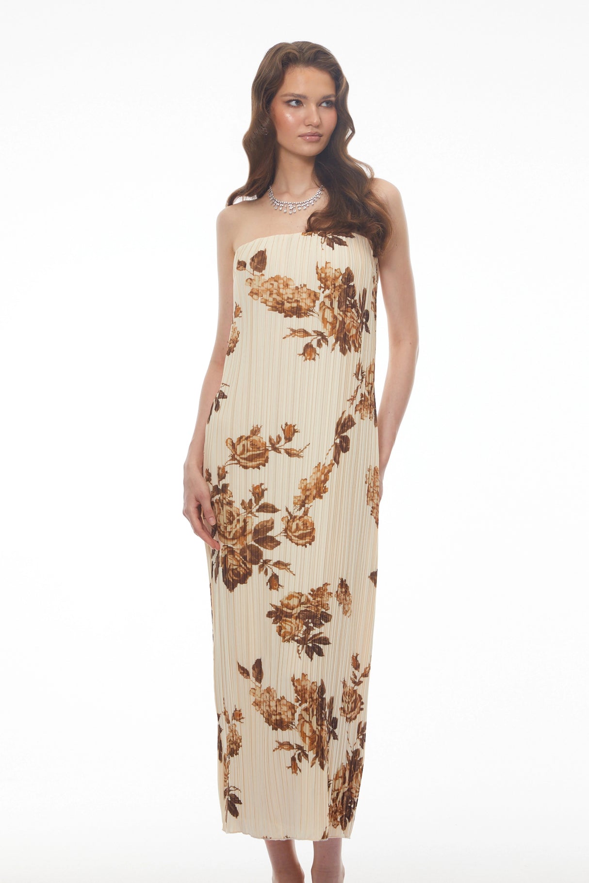 Denise Cream Floral Pleated Midi Dress