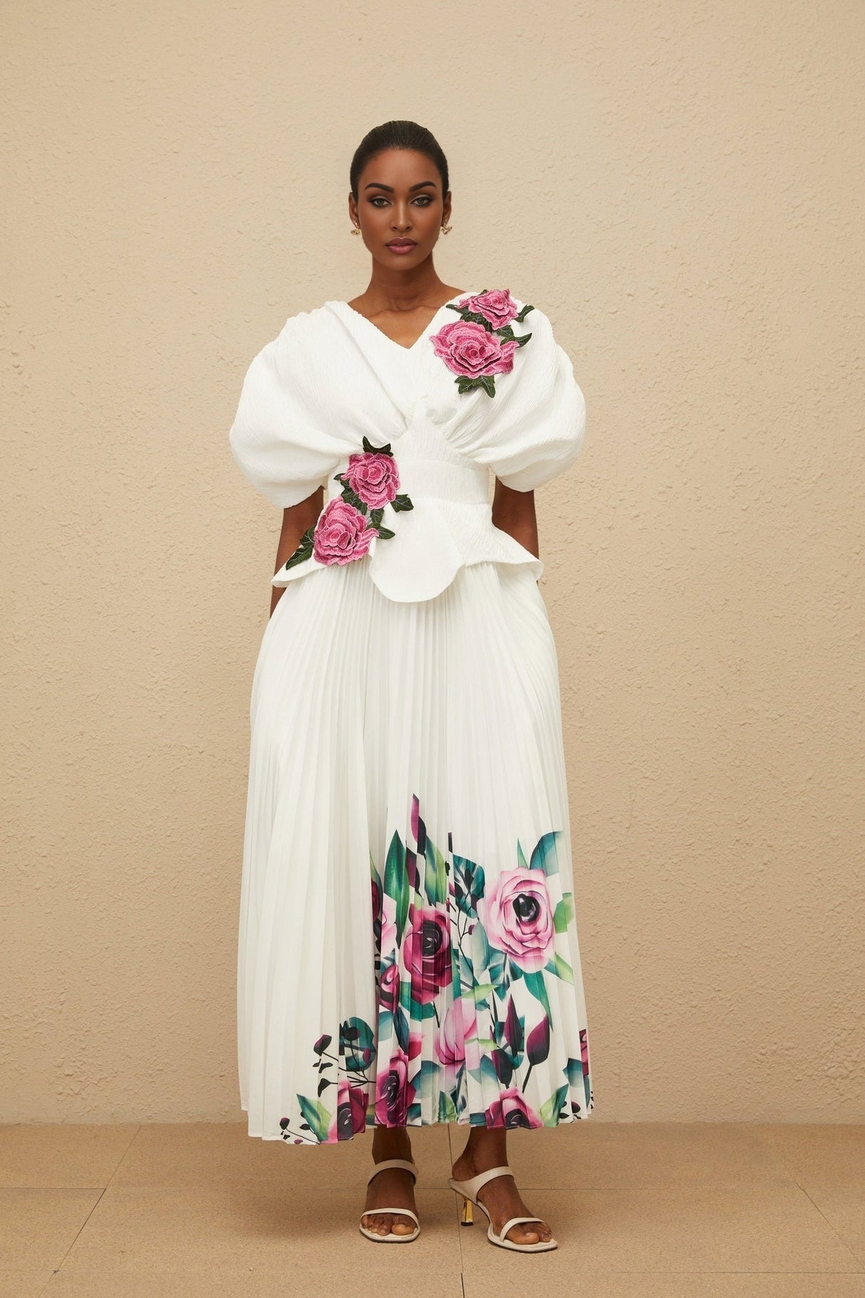 Denise Floral Embroidered Top & Rose Print Skirt - V - Neck - Batwing Sleeves - Pleated Detailing - Maxi Length - Rear Zip Fastening