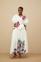 Denise Floral Embroidered Top & Rose Print Skirt - V - Neck - Batwing Sleeves - Pleated Detailing - Maxi Length - Rear Zip Fastening