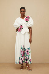 Denise Floral Embroidered Top & Rose Print Skirt - V - Neck - Batwing Sleeves - Pleated Detailing - Maxi Length - Rear Zip Fastening
