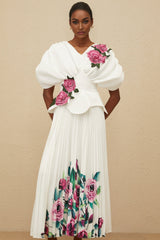 Denise Floral Embroidered Top & Rose Print Skirt - V - Neck - Batwing Sleeves - Pleated Detailing - Maxi Length - Rear Zip Fastening