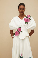 Denise Floral Embroidered Top & Rose Print Skirt - V - Neck - Batwing Sleeves - Pleated Detailing - Maxi Length - Rear Zip Fastening