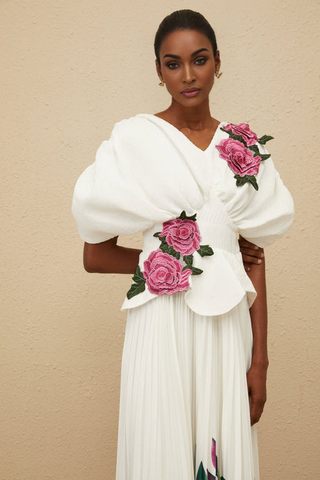 Denise Floral Embroidered Top & Rose Print Skirt - V - Neck - Batwing Sleeves - Pleated Detailing - Maxi Length - Rear Zip Fastening