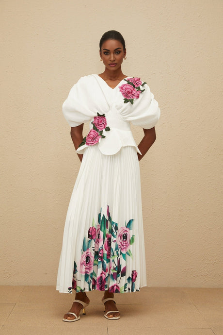 Denise Floral Embroidered Top & Rose Print Skirt - V - Neck - Batwing Sleeves - Pleated Detailing - Maxi Length - Rear Zip Fastening