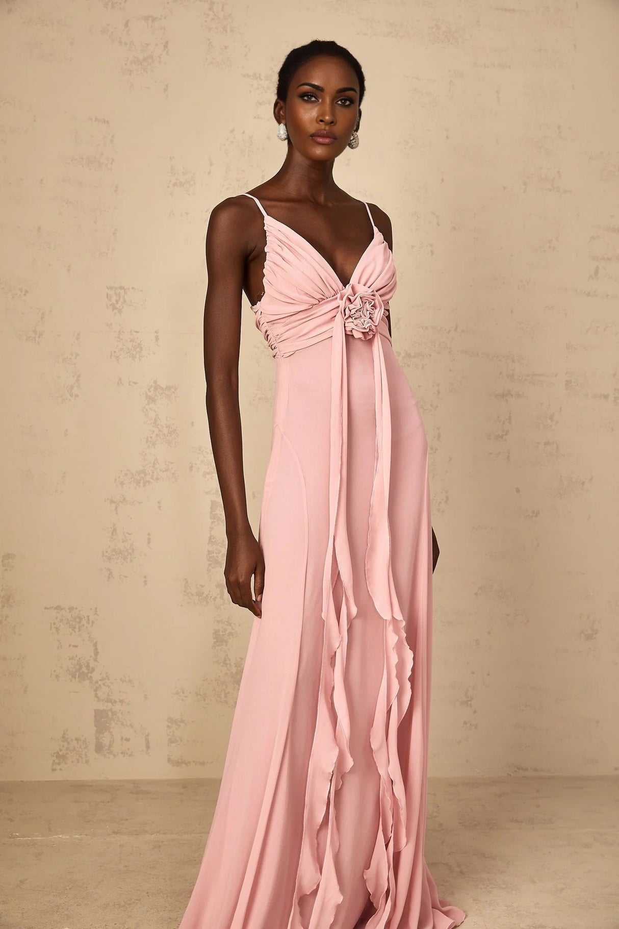 Denise Maxi Dress Pink 3D Petal Tulle & Ribbon Design