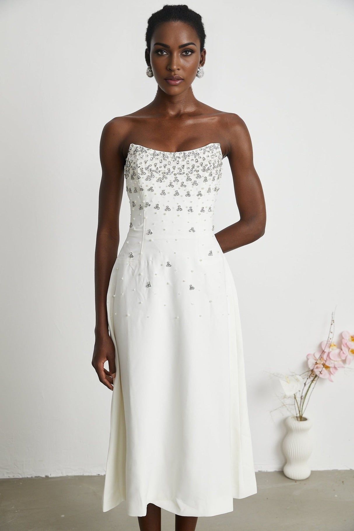 Denise Midi Dress - Off the Shoulder - Sleeveless - Fully Embellished - Rear Zip Fastening
