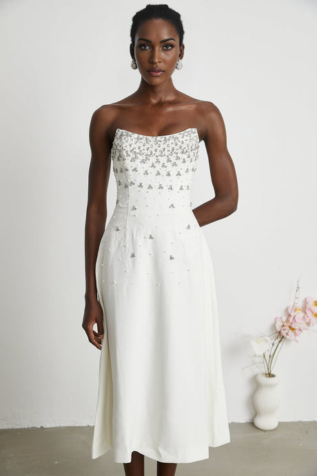 Denise Midi Dress - Off the Shoulder - Sleeveless - Fully Embellished - Rear Zip Fastening