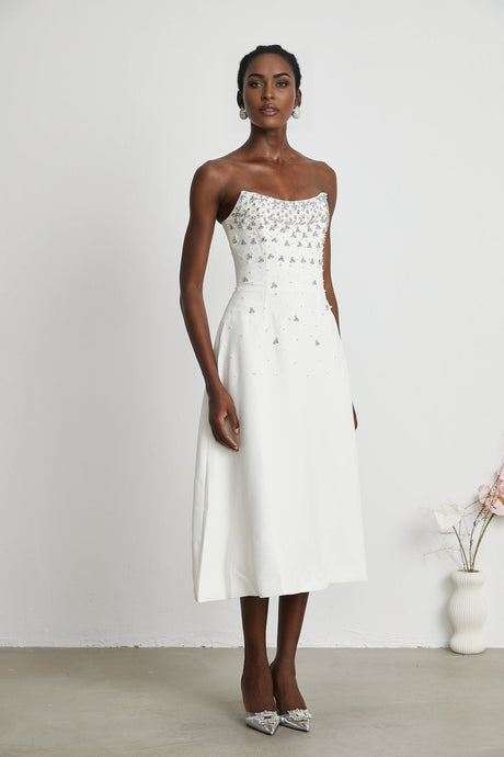 Denise Midi Dress - Off the Shoulder - Sleeveless - Fully Embellished - Rear Zip Fastening