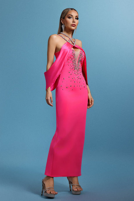 Denise Pink Halter Neckline V-Neck Embellished Maxi Dress