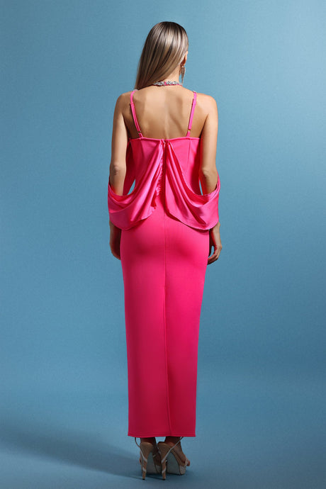Denise Pink Halter Neckline V-Neck Maxi Dress with Shimmering Embellishments